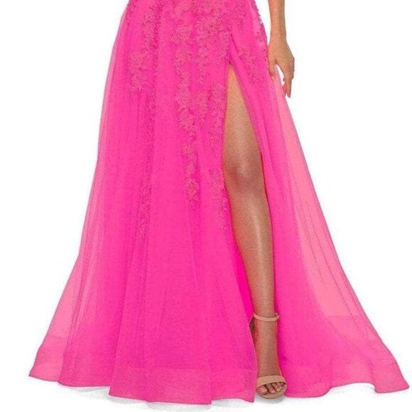 NWT La Femme 30303SC Tulle Prom Dress Neon Pink Size 10 - Picture 2 of 8